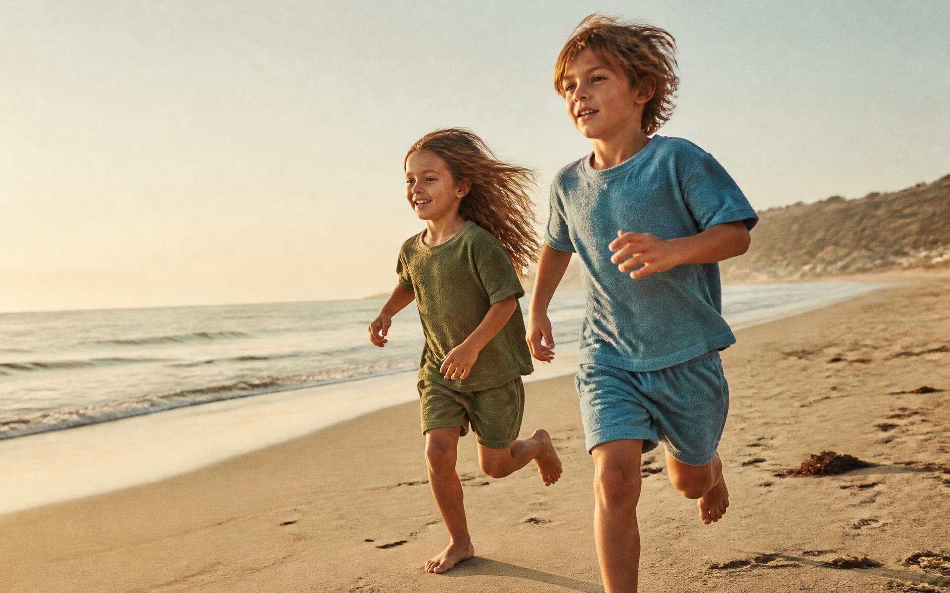 Children in terry cloth playwear running along the Malibu shoreline