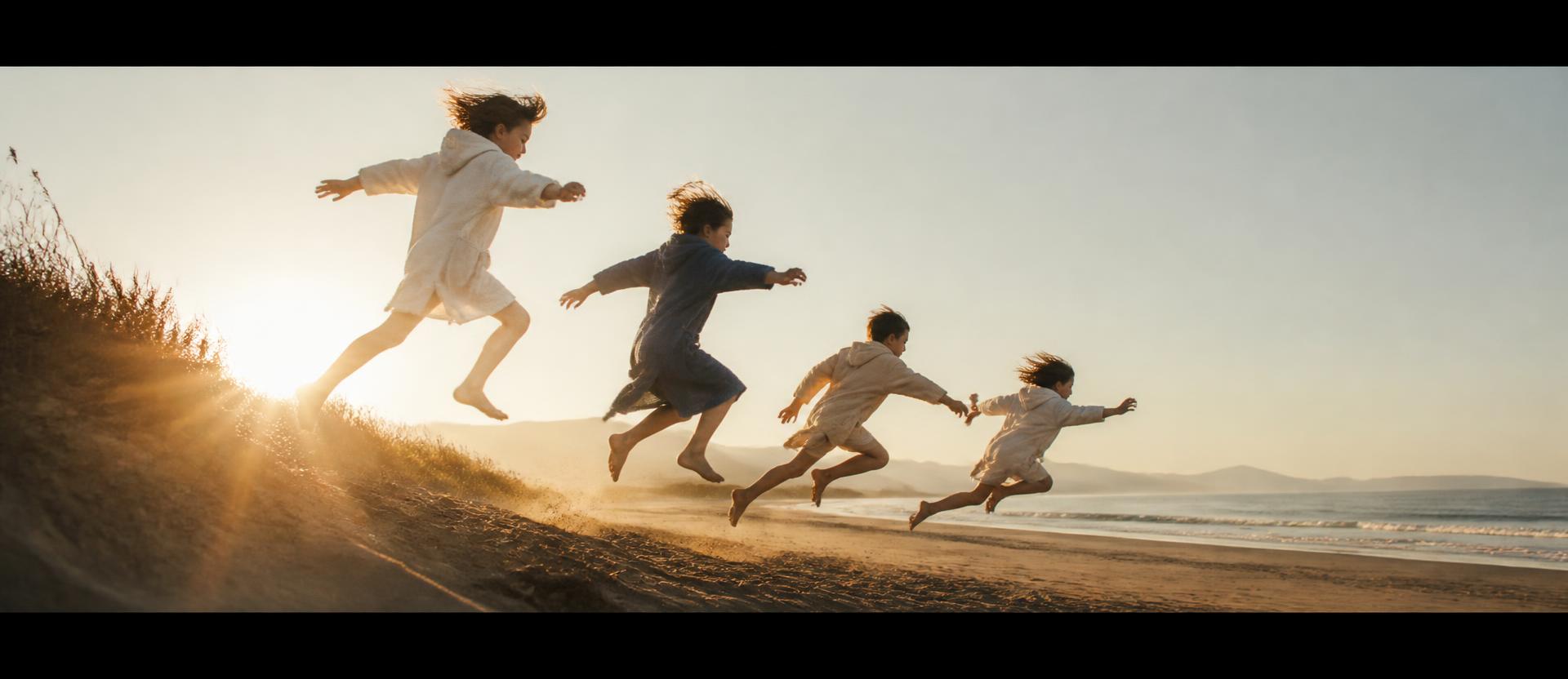 A child sprinting across wet sand at golden hour